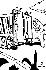 Ausmalbild Bo mit Igel hinter Müllwagen